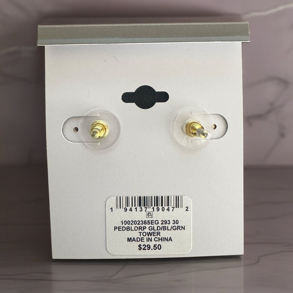 Dangle earrings with faceted stones. Light green stones in a gold-tone setting. - Picture 2 of 2